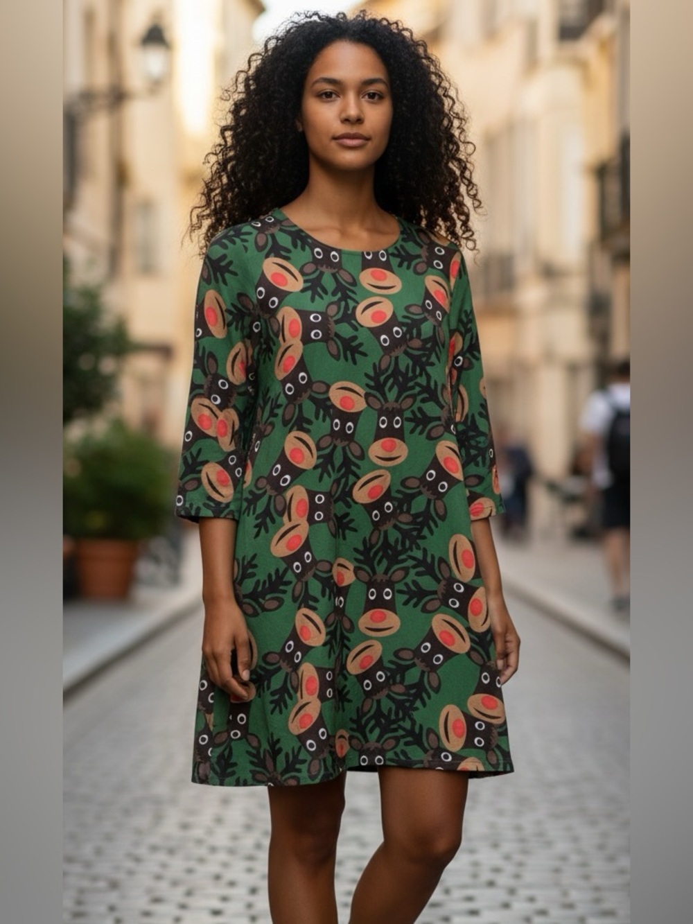 MISSLOOK Reindeer Print Shift Dress, Green Holiday Casual, Size M